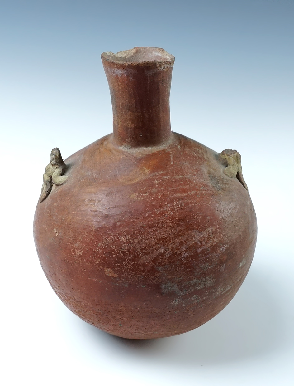 6 1/2" Tall Clay Bottle with frog effigy appliques. Found in Costa Rica. 