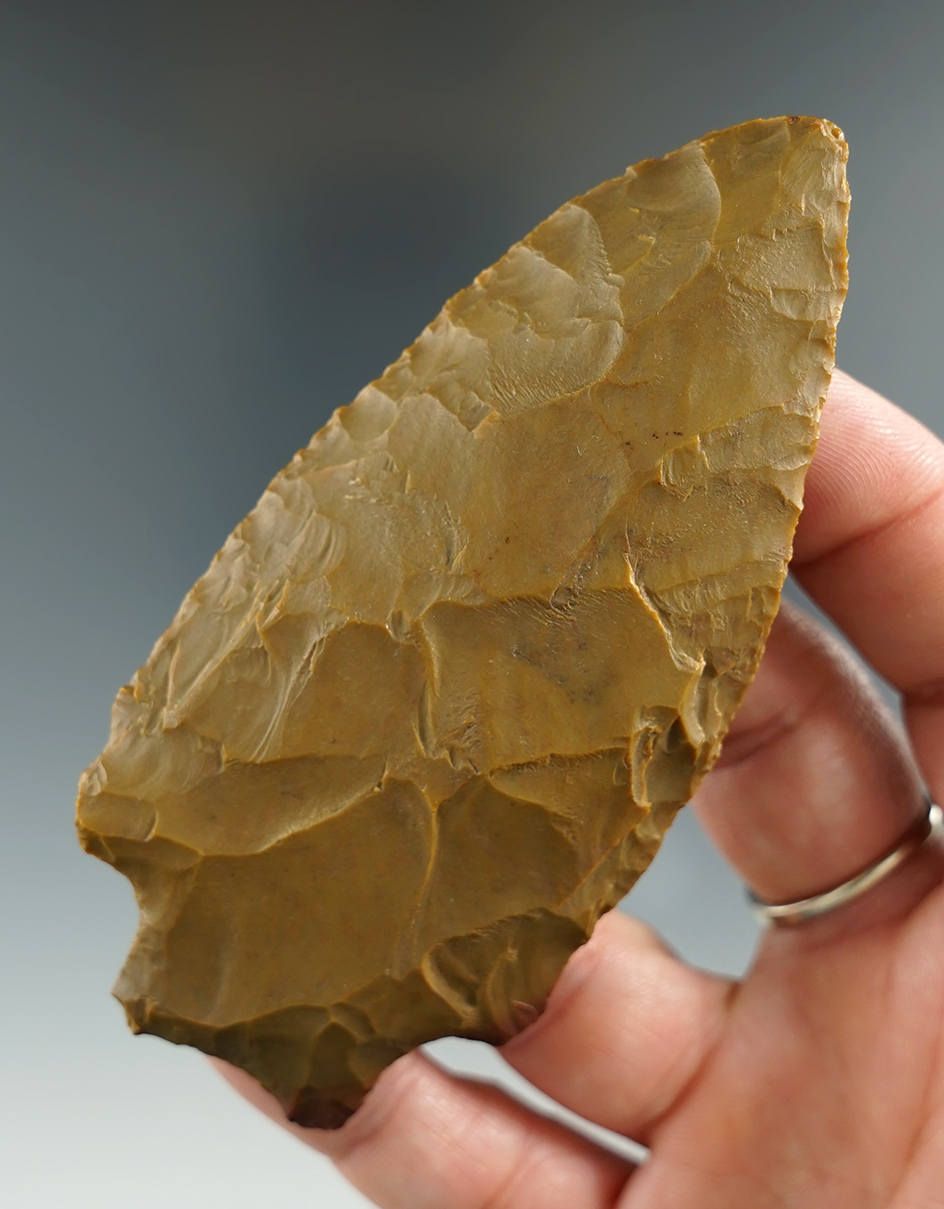 3 13/16" Savannah River made from tan flint, found in central Georgia. Comes with a Bennett COA.