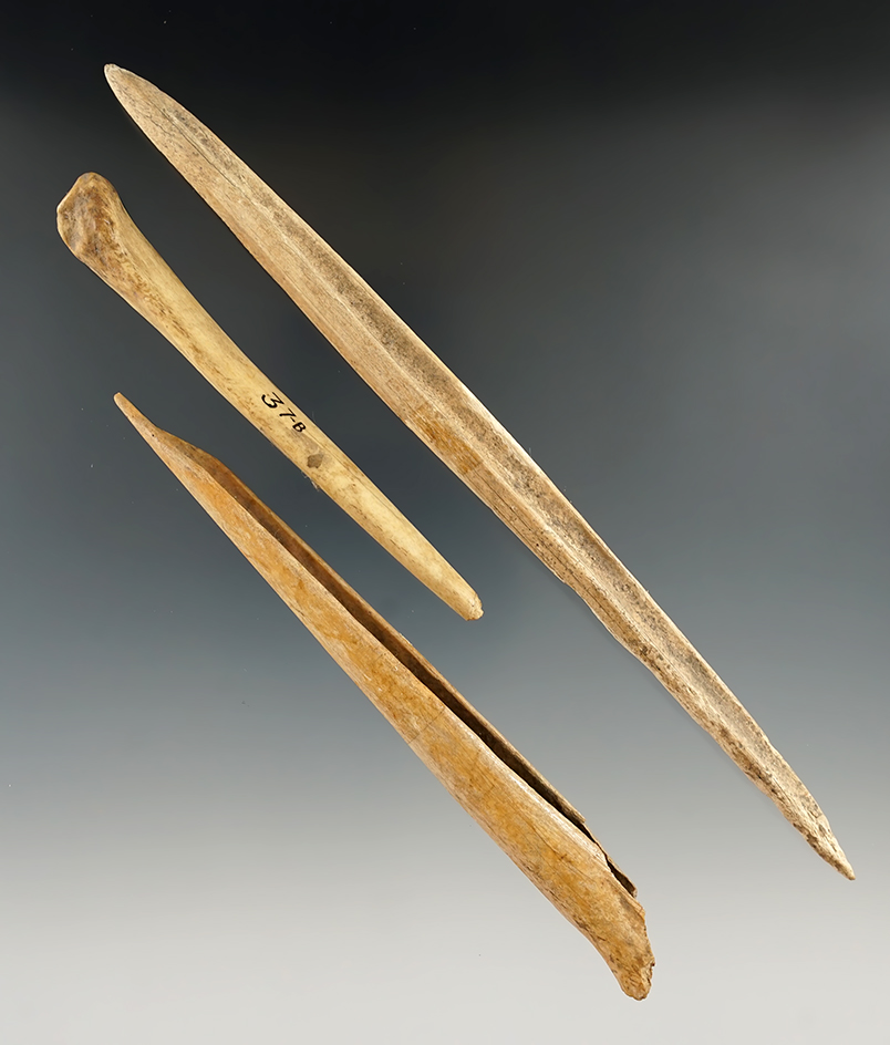 Set of three Fort ancient bone artifacts found in Ohio, largest is 7" long.