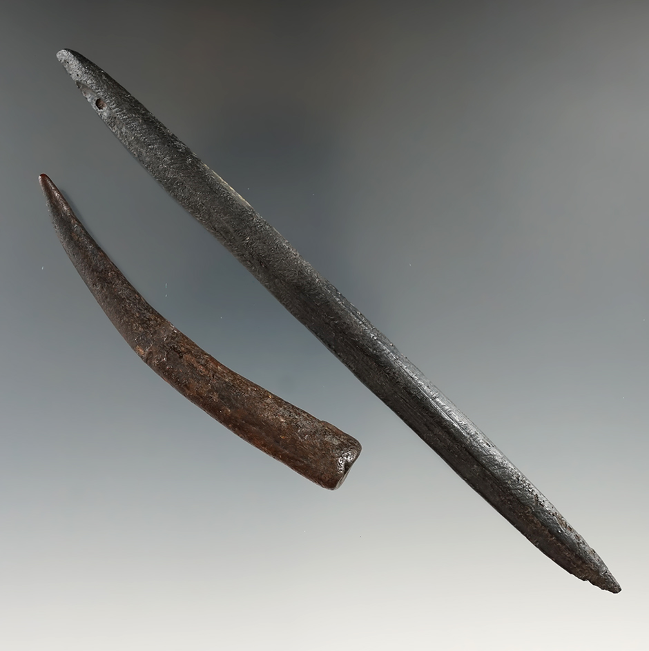 Pair of artifacts found in Florida including a heavily patinated 5 7/8" bone projectile point.