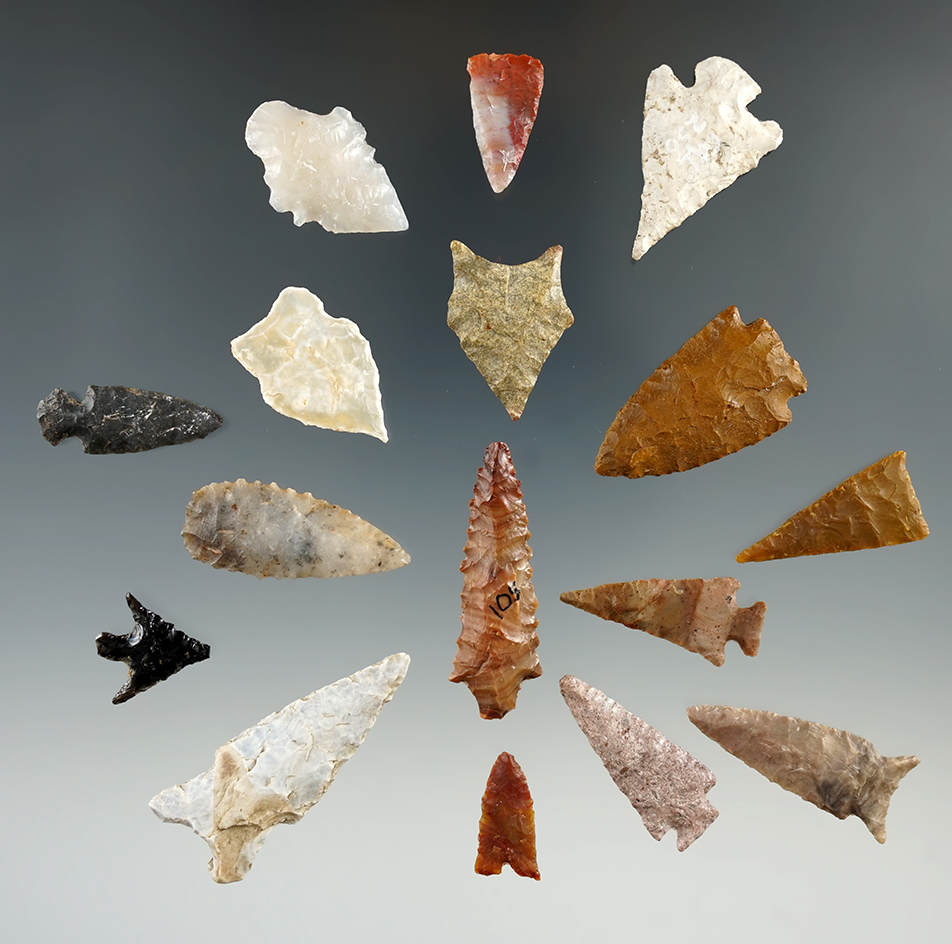 Nice group of 15 assorted arrowheads from various locations, largest is 1 3/4".