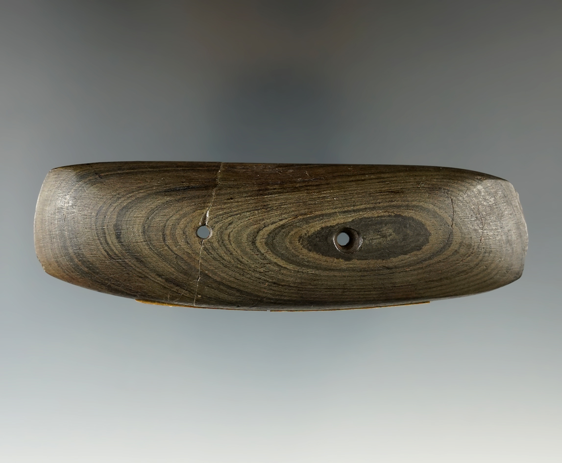 Uniquely styled double bit Gorget that is broken/glued found near Montezuma, New York. Ex.Johnson.