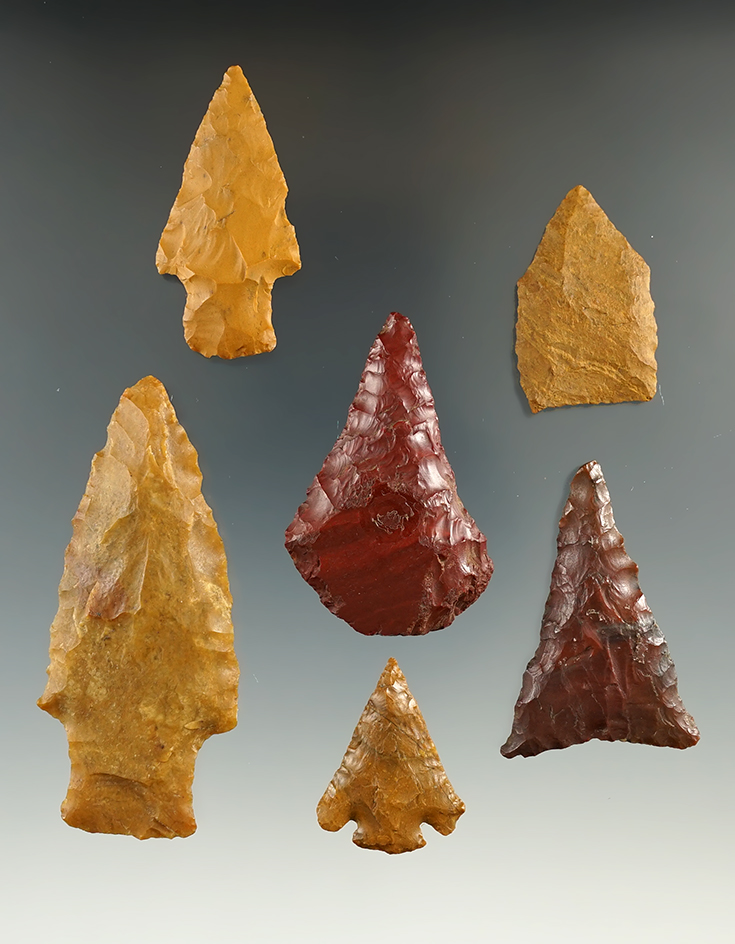 Group of six assorted Jasper points found in New York, largest is 2 5/8".
