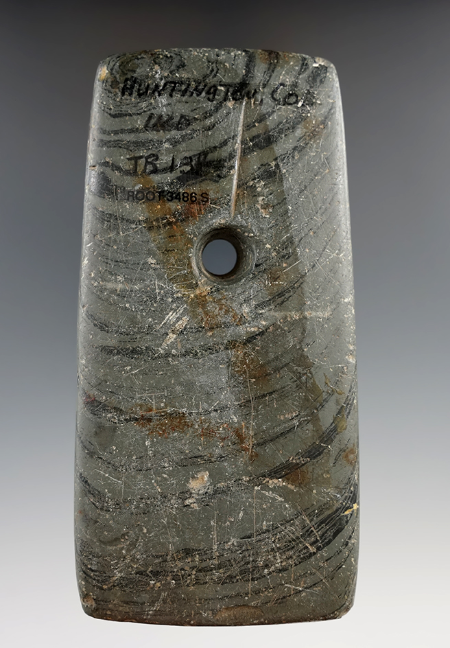 4 5/8" Adena Rectangular Pendant made from Banded Slate. Found in Indiana. Pictured.