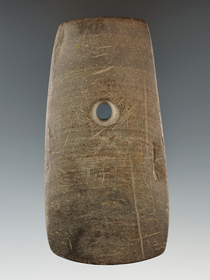 3 3/4" Trapezoidal Pendant found in Wyoming Co., New York. Some engravings on surface. Ex. Lang.