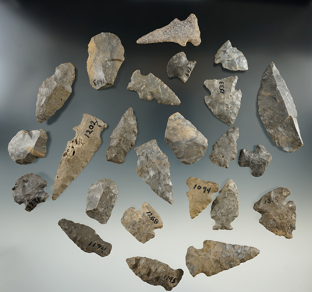 Group of 24 assorted points and tools found in New York, largest is 2 9/16".