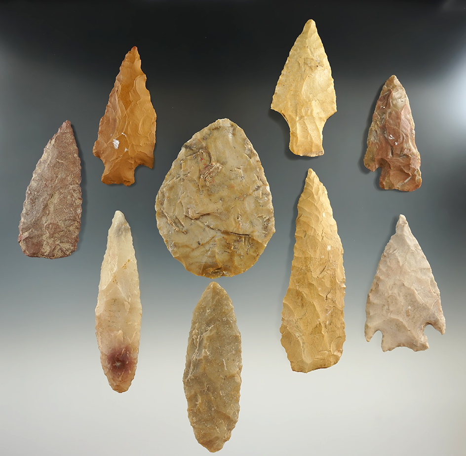 Group of nine assorted Texas relics, largest is 3 3/16".