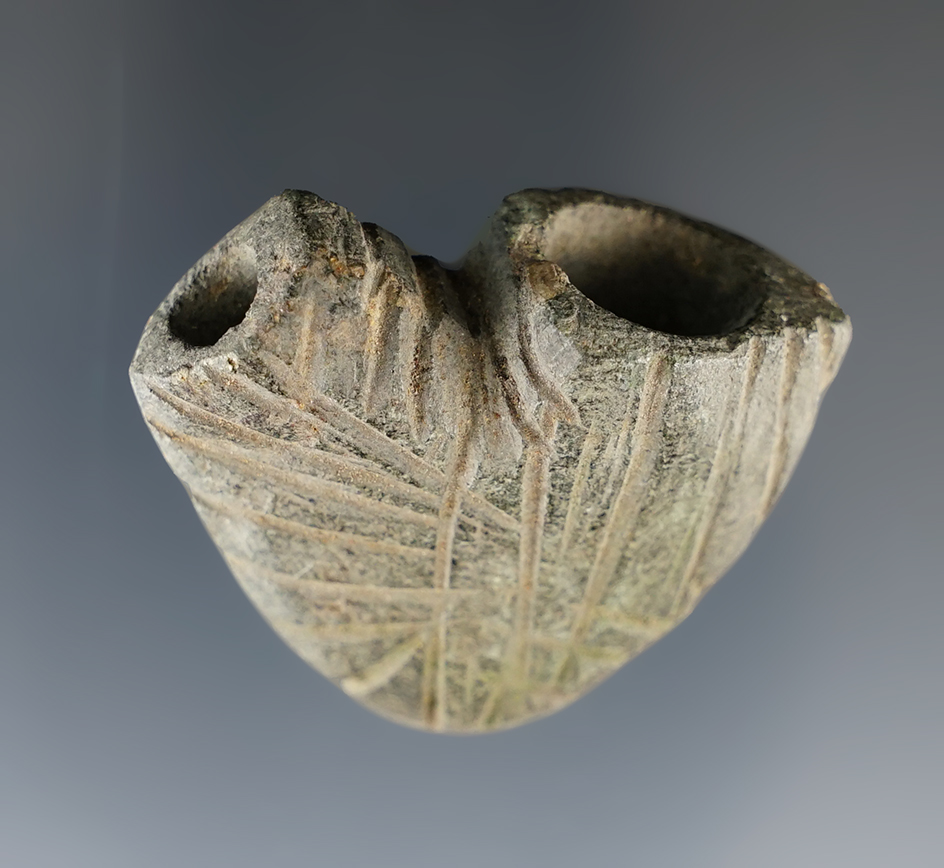 Rare and unique! Incredible engraving on this 1 3/8" stone pipe found in Ohio. Highly collectible!