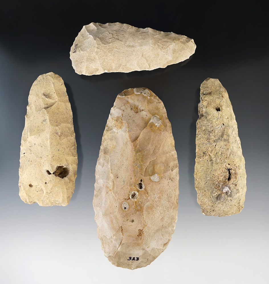 Set of four Flint Celts found in Florida, largest is 6". Some original collector cards from 1941