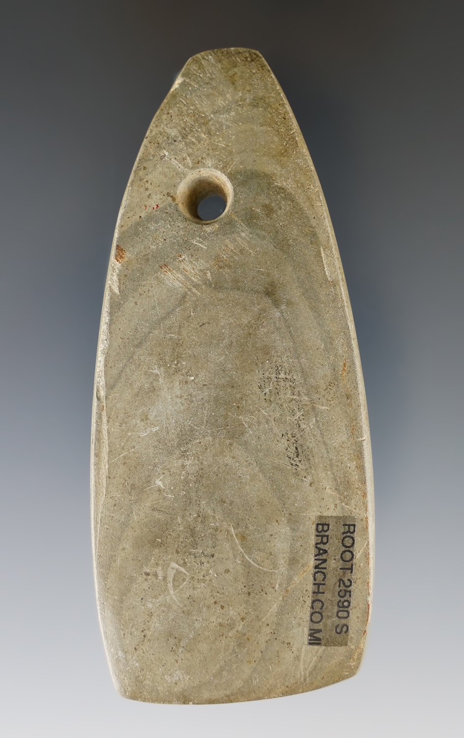 3 13/16" Adena Trapezoidal Pendant made from green and black Banded Slate - Branch Co., MI