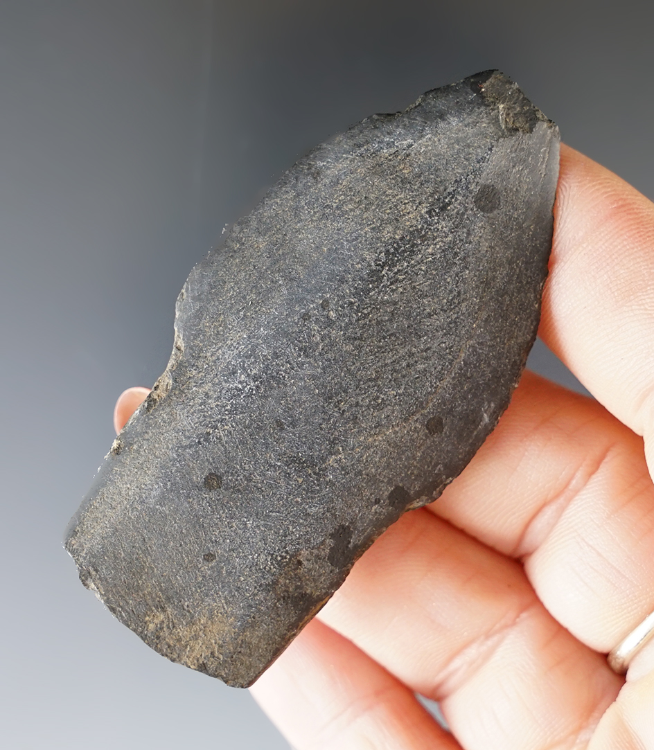 2 1/2" Highly polished and well defined Inuit slate harpoon or spear tip recovered in Alaska.