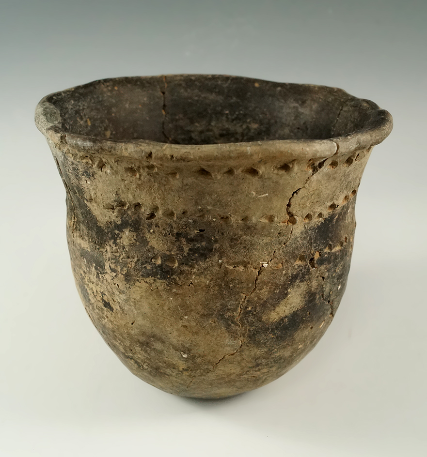 4 3/8" tall by 5 3/8" wide Caddo utility vessel with three rows of punctate design. Multiple pieces