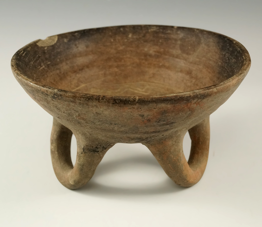Uniquely styled legs on this 6 1/4" wide by 3 3/4" tall pre-Columbian tri-leg bowl from a site north