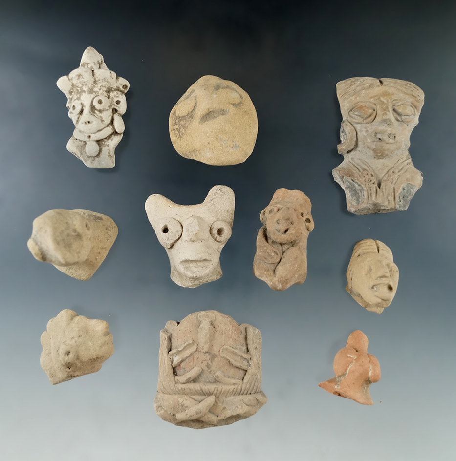 Set of 10 pre-Columbian pottery heads, largest is 1 13/16".