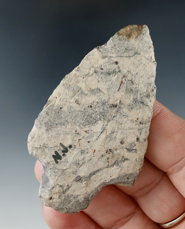 2 5/8" heavily patinated stemmed point found in New Jersey.