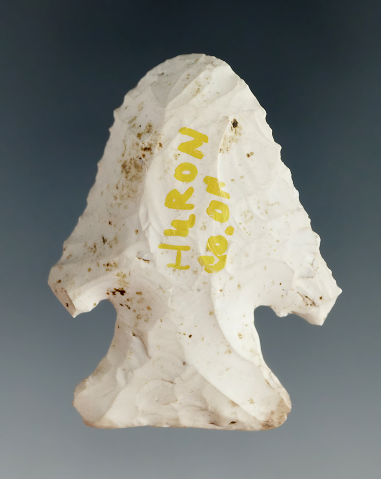 1 15/16" archaic Thebes scraper made from heavily patinated  Flint found in Huron Co., Ohio.