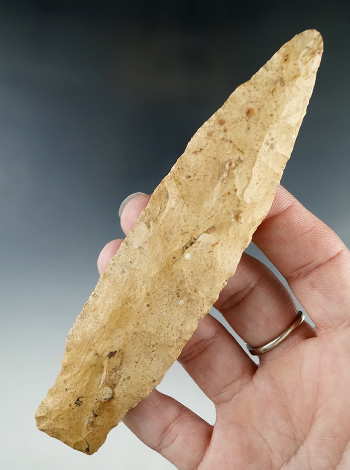 Heavily patinated 5 5/16" stemmed knife found in Tipton, Indiana.