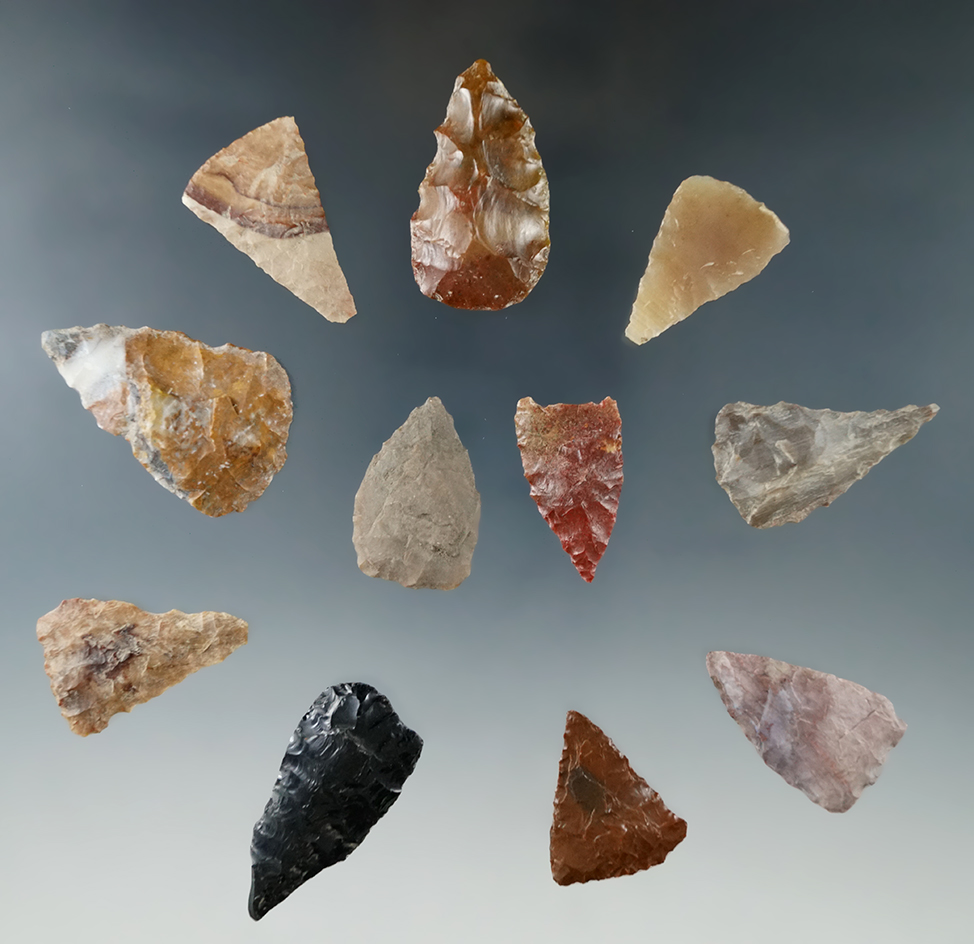 Set of 11 assorted flaked artifacts found near Quilomene Bar, Columbia River. Largest is 1 5/8".