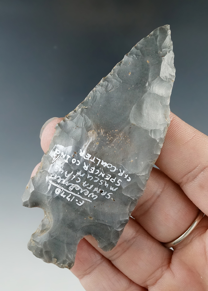 3 3/8" pentagonal knife made from hornstone found in Spencer Co., Indiana. Ex. Santa Claus Museum, R