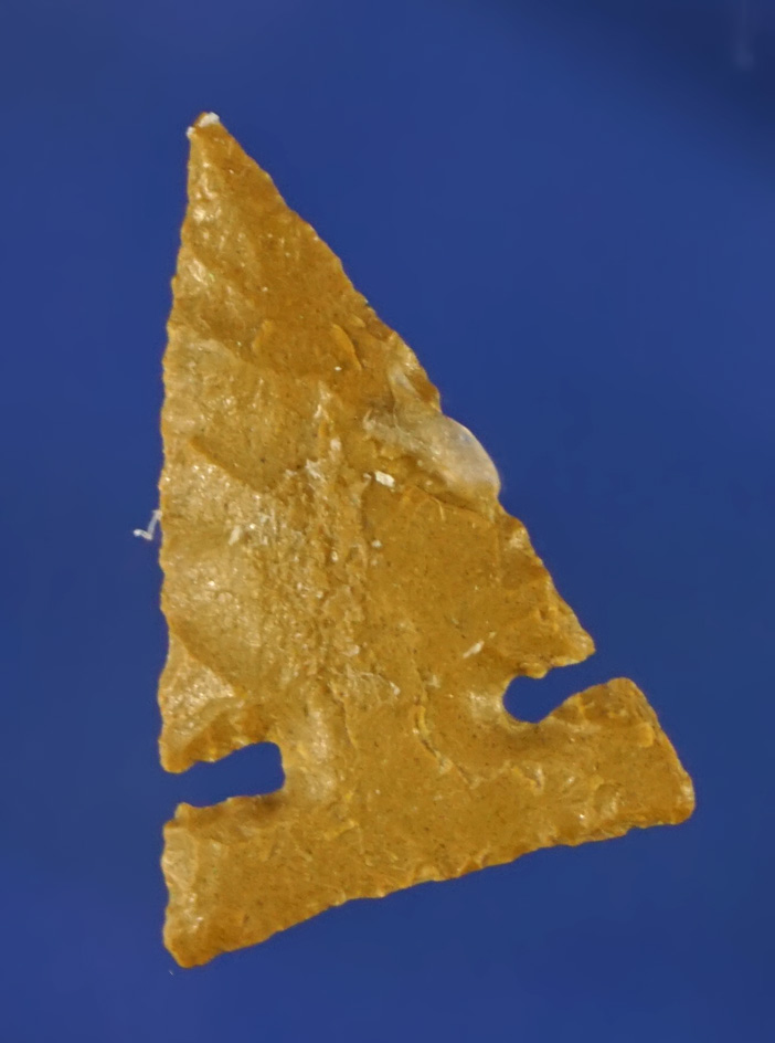 Exceptional flaking on this 1" Plains Side Notch made from Jasper found in South Dakota