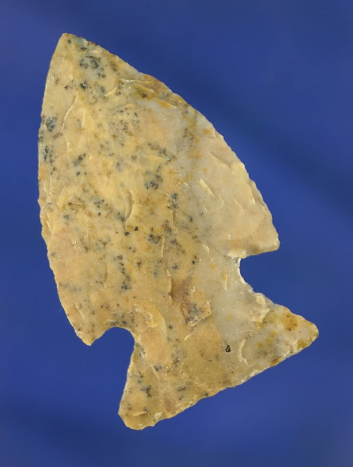 Exceptional style on this 1 1/2" Stemmed Cornernotch point found in Utah.