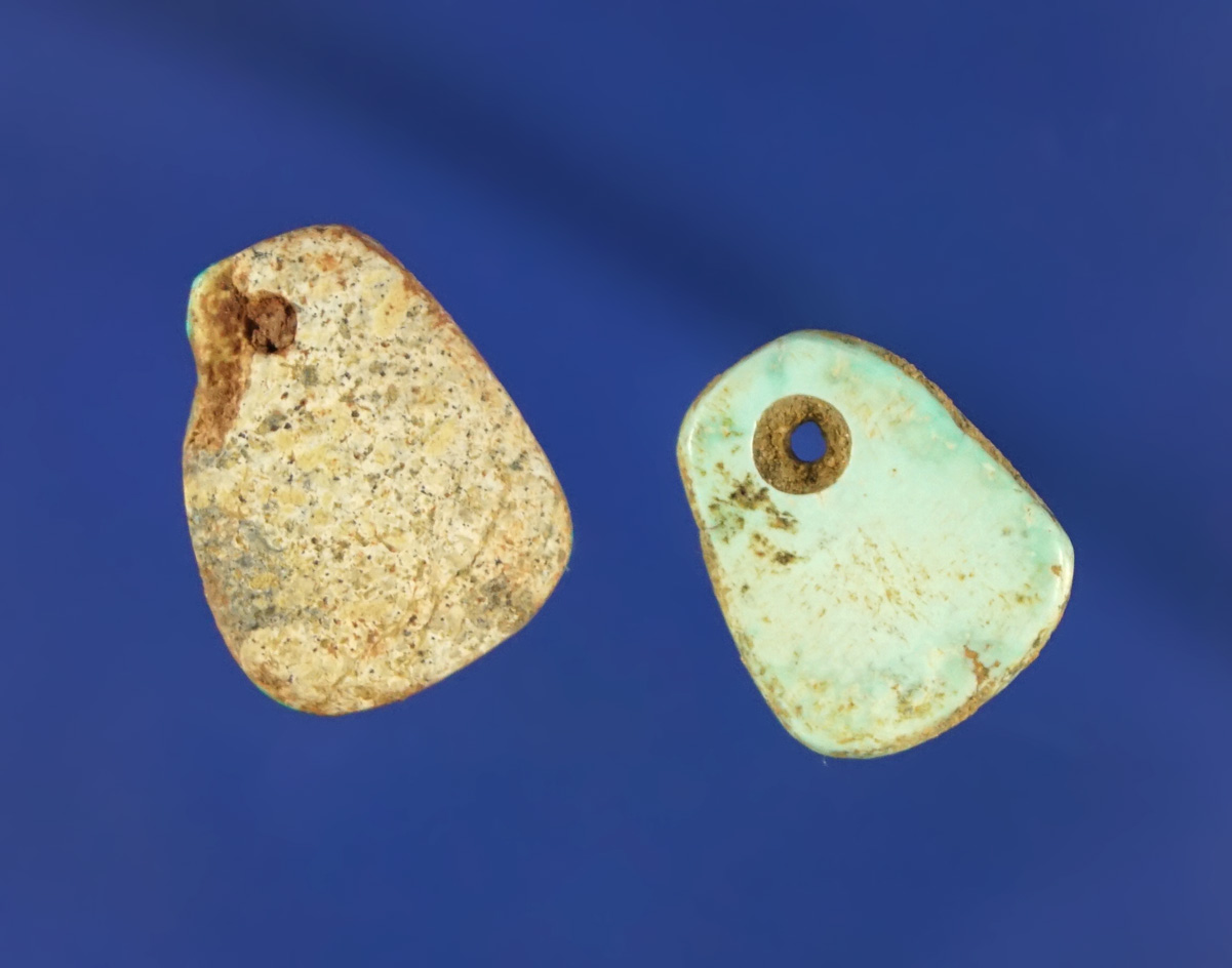 Pair of miniature turquoise pendants,  screened from a trash pit in Hay Hollow, Arizona by Syl Egan.