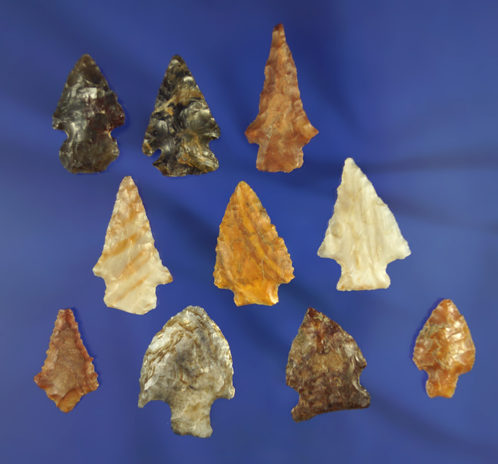 Set of 10 assorted arrowheads found in South Dakota, largest is 1 1/4".