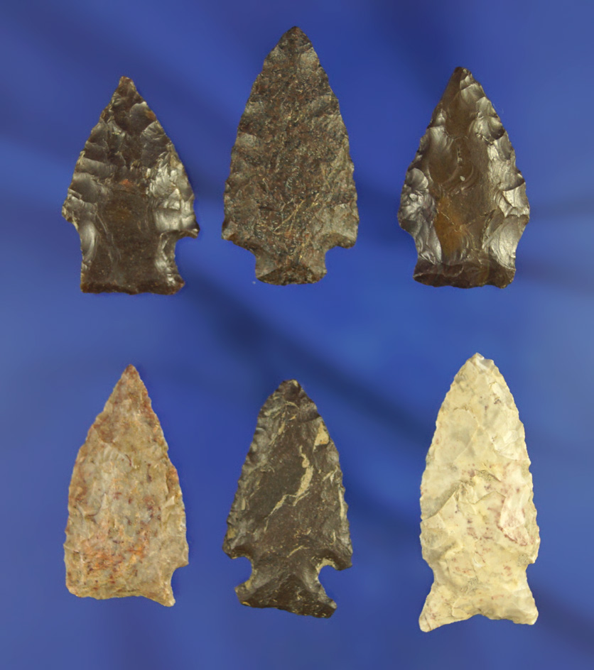Set of six assorted arrowheads found in South Dakota nice condition, largest is 1 1/2".