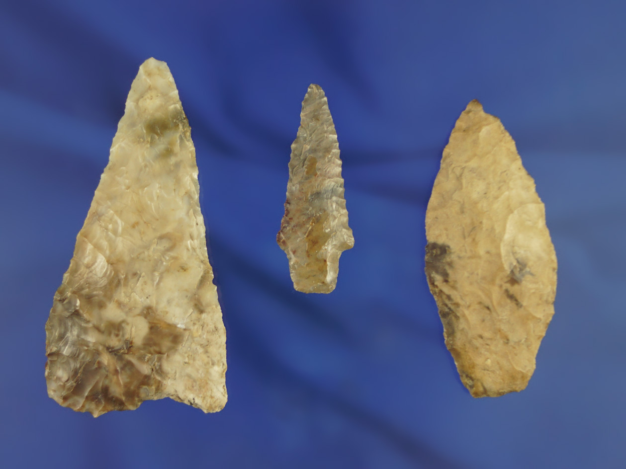 Set of three flaked artifacts found near the Columbia River in good condition, largest is 2 9/16".
