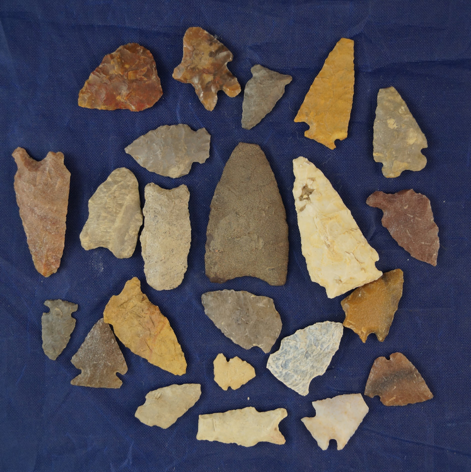 Large group of assorted Arrowheads, largest is 1 7/8" found near the Belle Fourche River in WY.