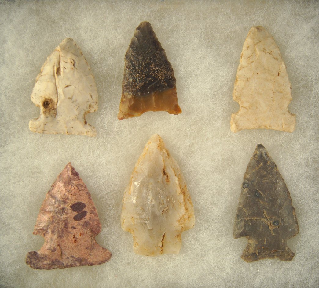 Set of six nice Arrowheads, largest is 2"  found near the Cumberland River, Creelsboro, KY.