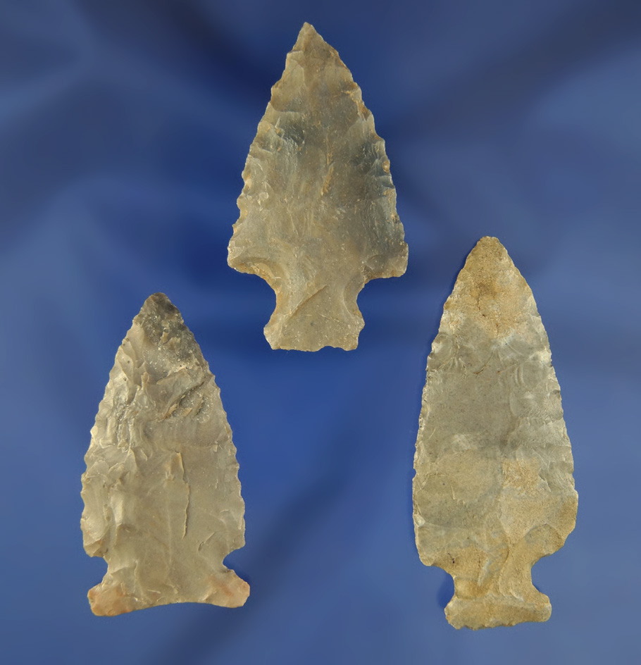 Set of three nicely flaked Kentucky Arrowheads, largest is 2 3/8".