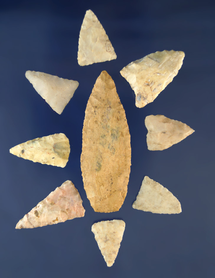 Set of nine Triangle Arrowheads found in Indiana, largest is 2 5/16".