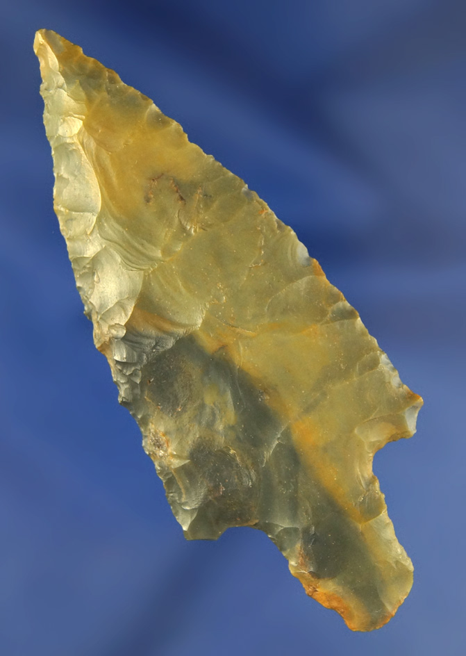 3 7/16" Stemmed Arrowhead - beautiful multicolored green - found in Leroux Co.,  Kentucky.