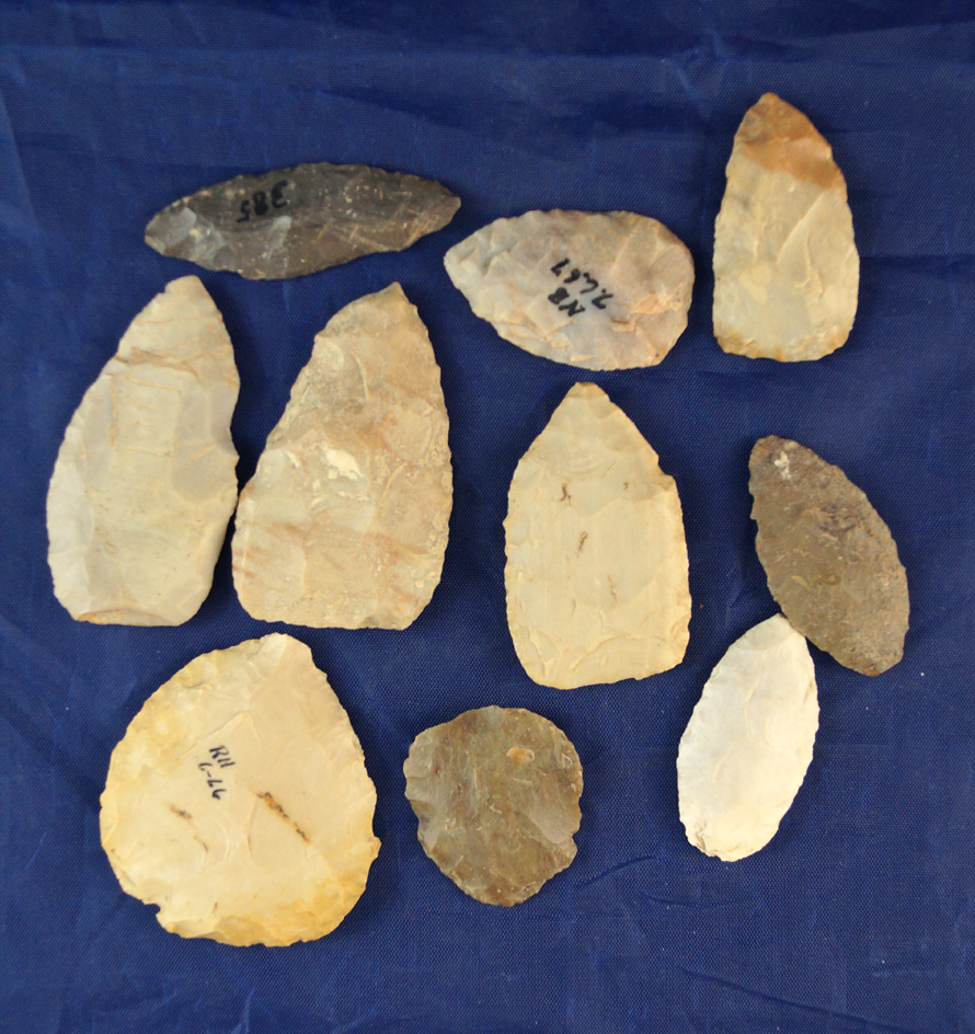 Group of 10 Blades, largest is 2 3/16" found in Greenup Co.,  Kentucky Ex. Judge Claxton collection.