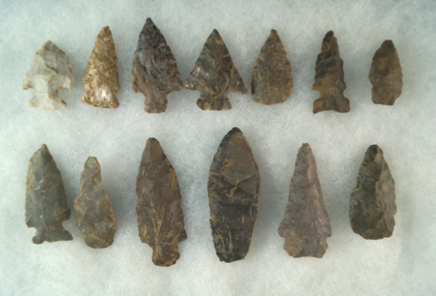 Set of 13 assorted Arrowheads, largest is 2 15/16"  found near the Cumberland, Creelsboro, KY.