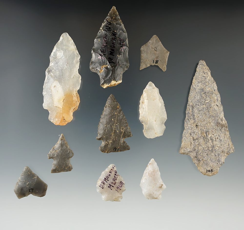 Group of 10 assorted artifacts. Found 1/2 mile south of Concorde College, Athens, West Virginia.