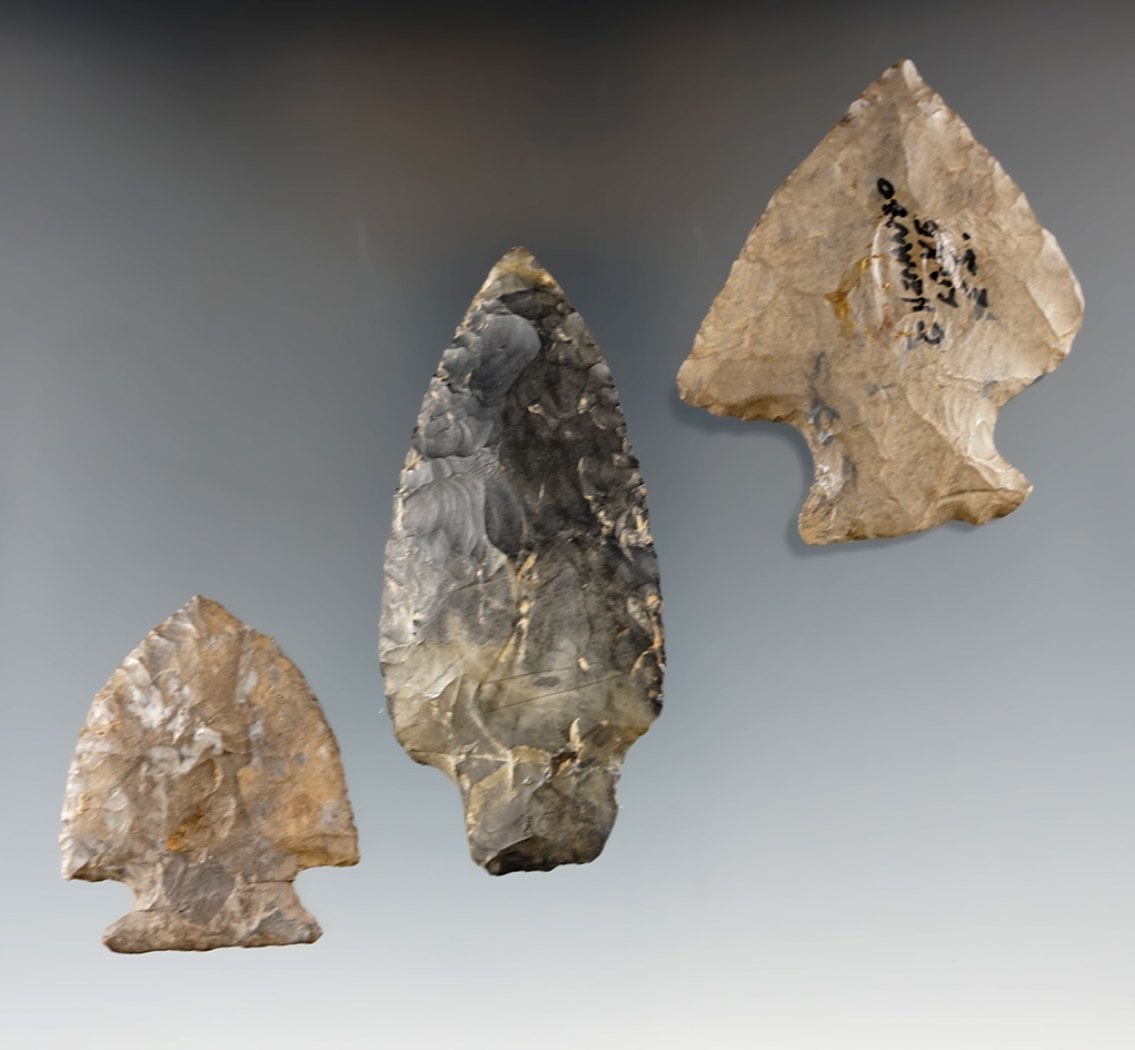 Set of three restored Flint artifacts found in New York, largest is 3".