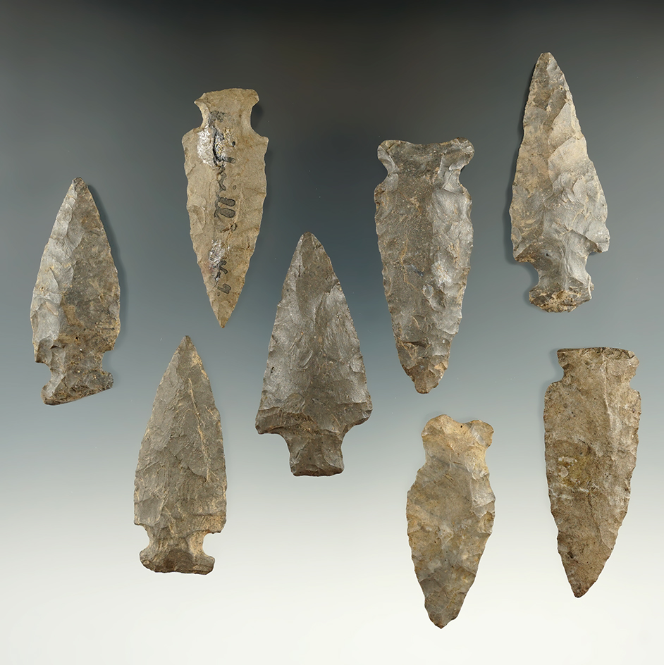 Set of 8 assorted New York arrowheads, largest is 2 1/4".