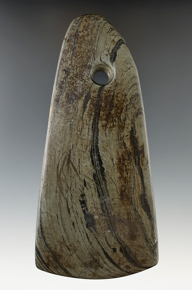 5 3/16" Adena Trapezoidal Pendant. Hillsdale Co., Michigan. Ex. Ira W. Robinson Collection.