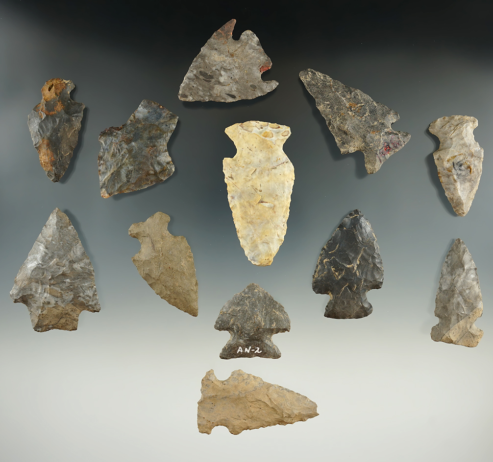 Group of 12 assorted arrowheads and knives found in New York, one has a restored ear.