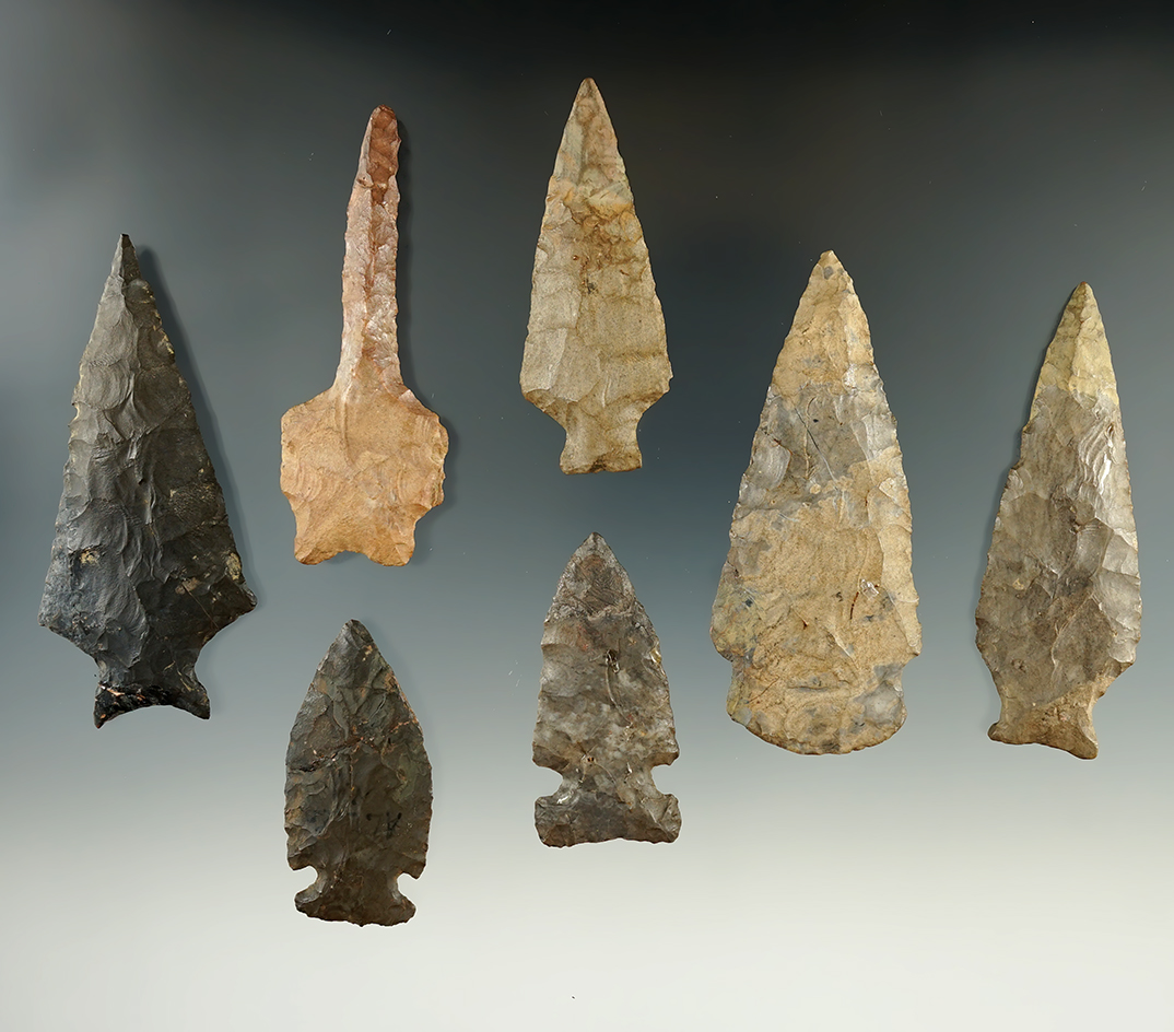 Group of seven artifacts found in New York. Largest is 3". All have some degree of restoration.