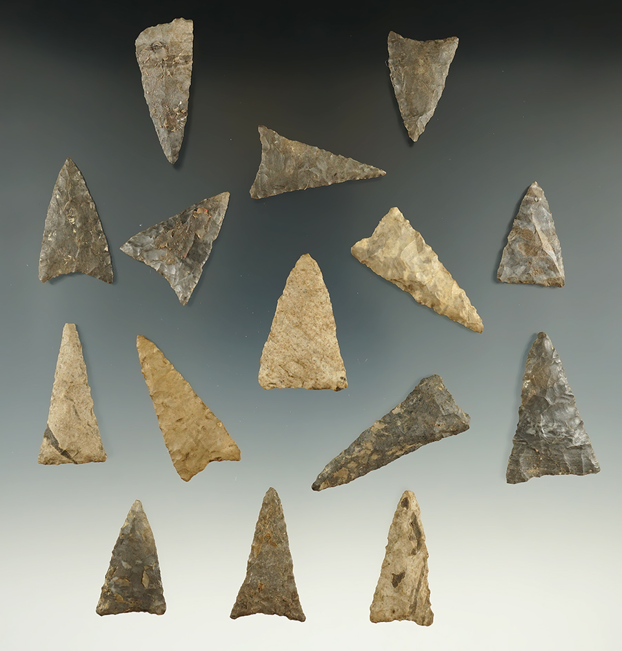 Group of 15 triangle points found in various locations in New York State. Largest is 1 7/16".
