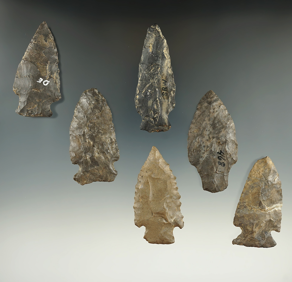 Group of six assorted arrowheads found in New York, one has a restored ear. Largest is 2 1/2".