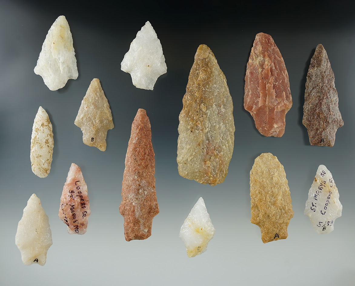 Set of 13 assorted Quartz points and Knives found in Maryland, largest is 3 3/8".