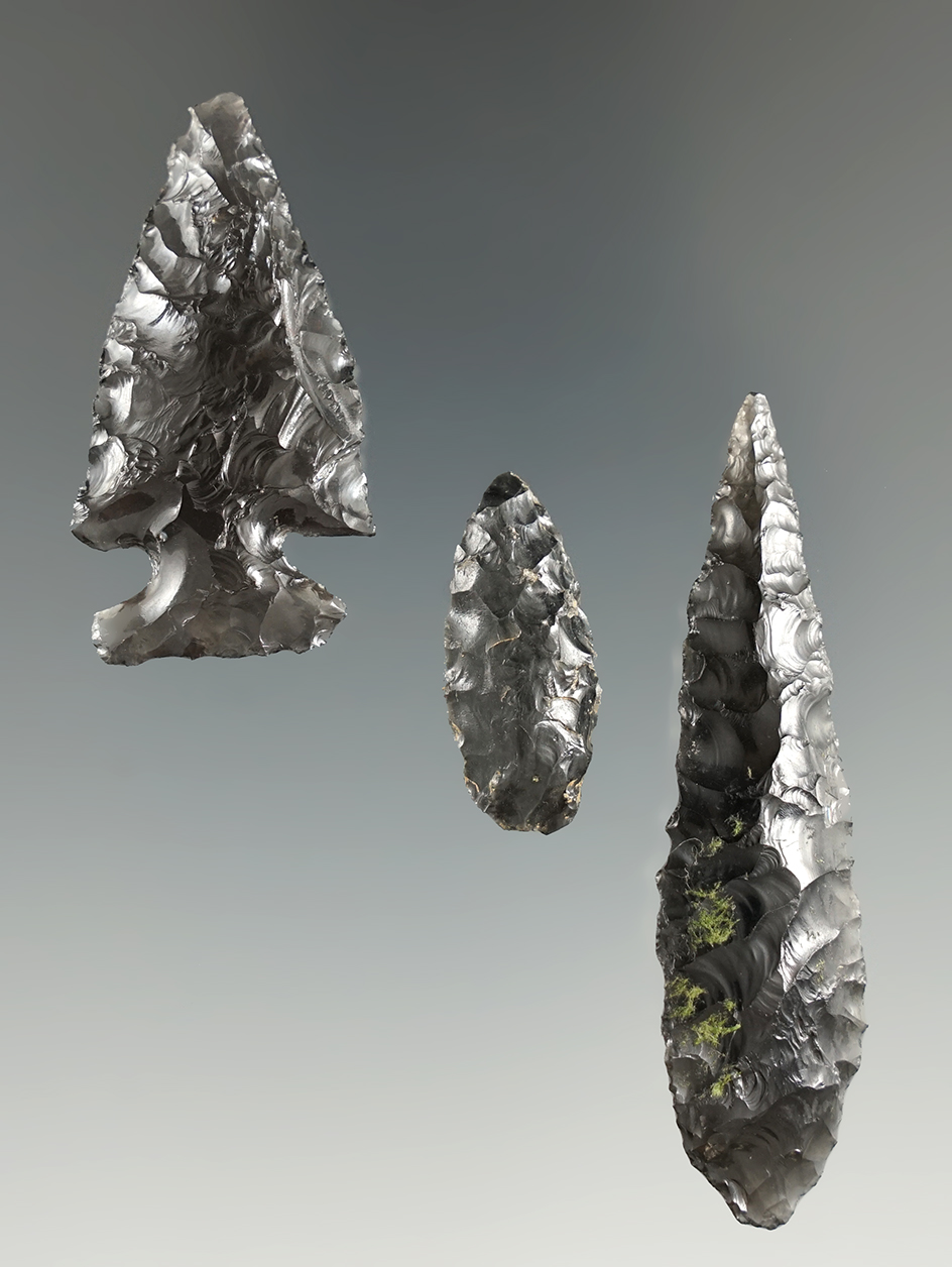 Set of 3 Obsidian Artifacts found in Christmas Valley, Oregon. Largest is 2 1/4".