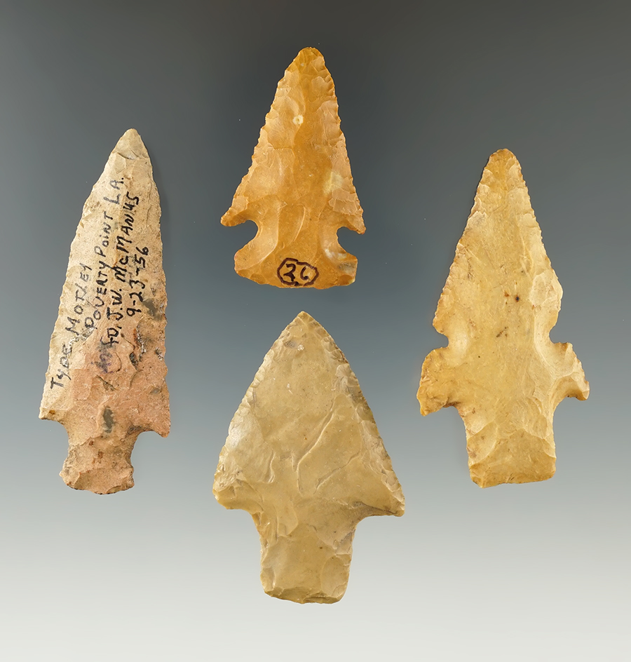 Four assorted points found in Louisiana including a very nice 2 3/8" Evans Double Notch.