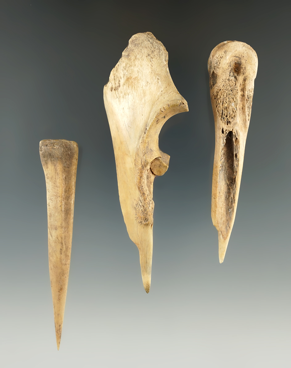 Set of 3 Bone Awls found in Kentucky, largest is 3 3/4".