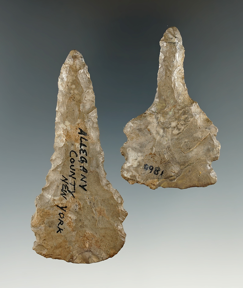 Pair of rare styled Double Notch Drills found in Allegheny Co., New York. Some restoration.