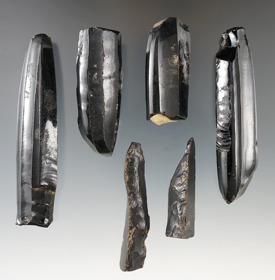 Set of five nice Obsidian Cores from Mexico, one is broken. Largest is 3 1/4".
